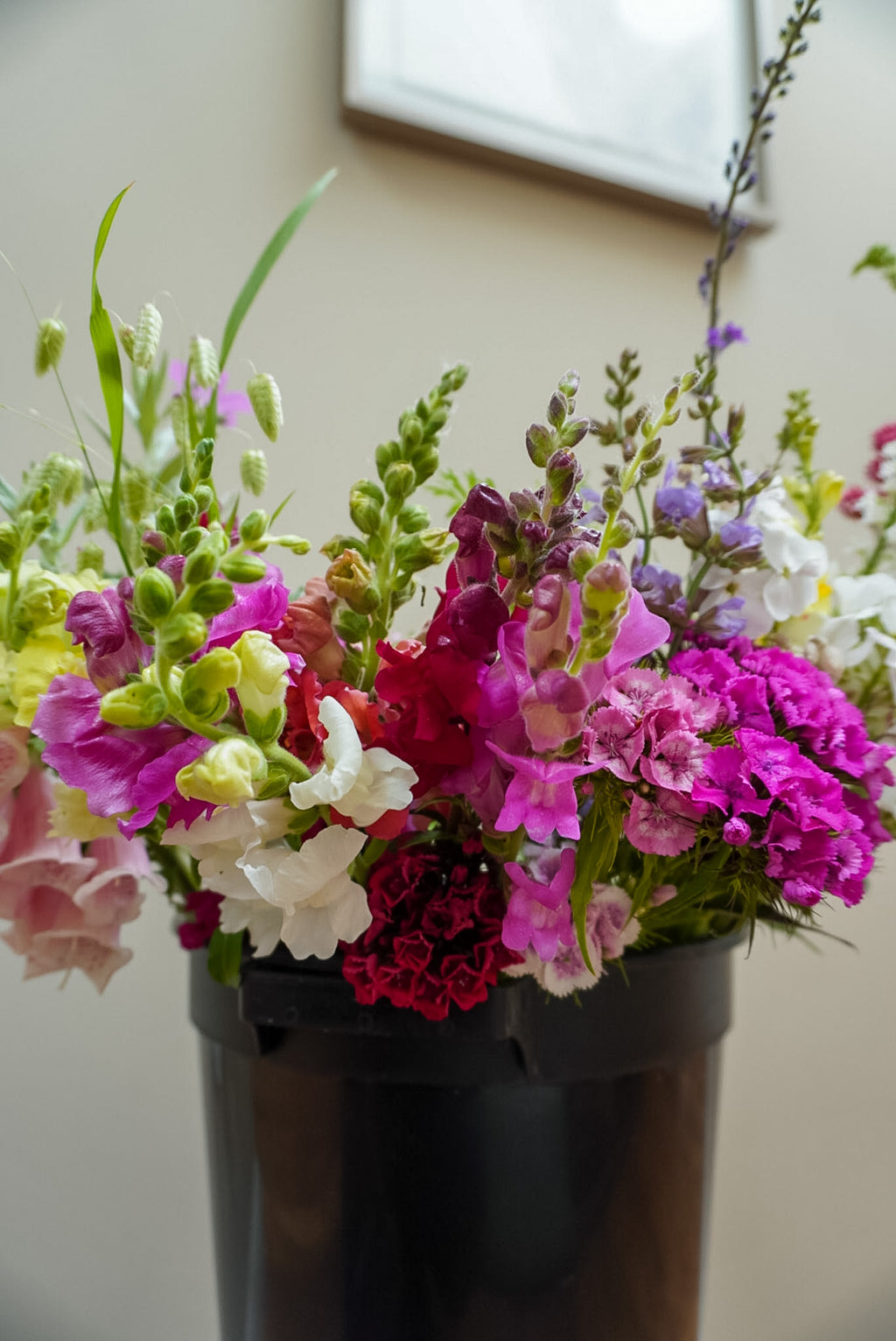 Flower bucket assortment containing flowers and foliage grown in Naas. 