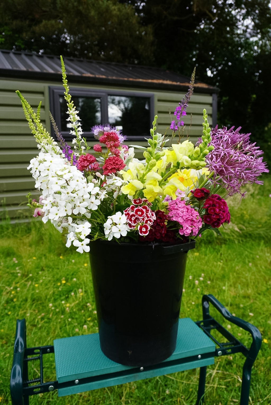 Flower bucket assortment containing flowers and foliage grown in Naas