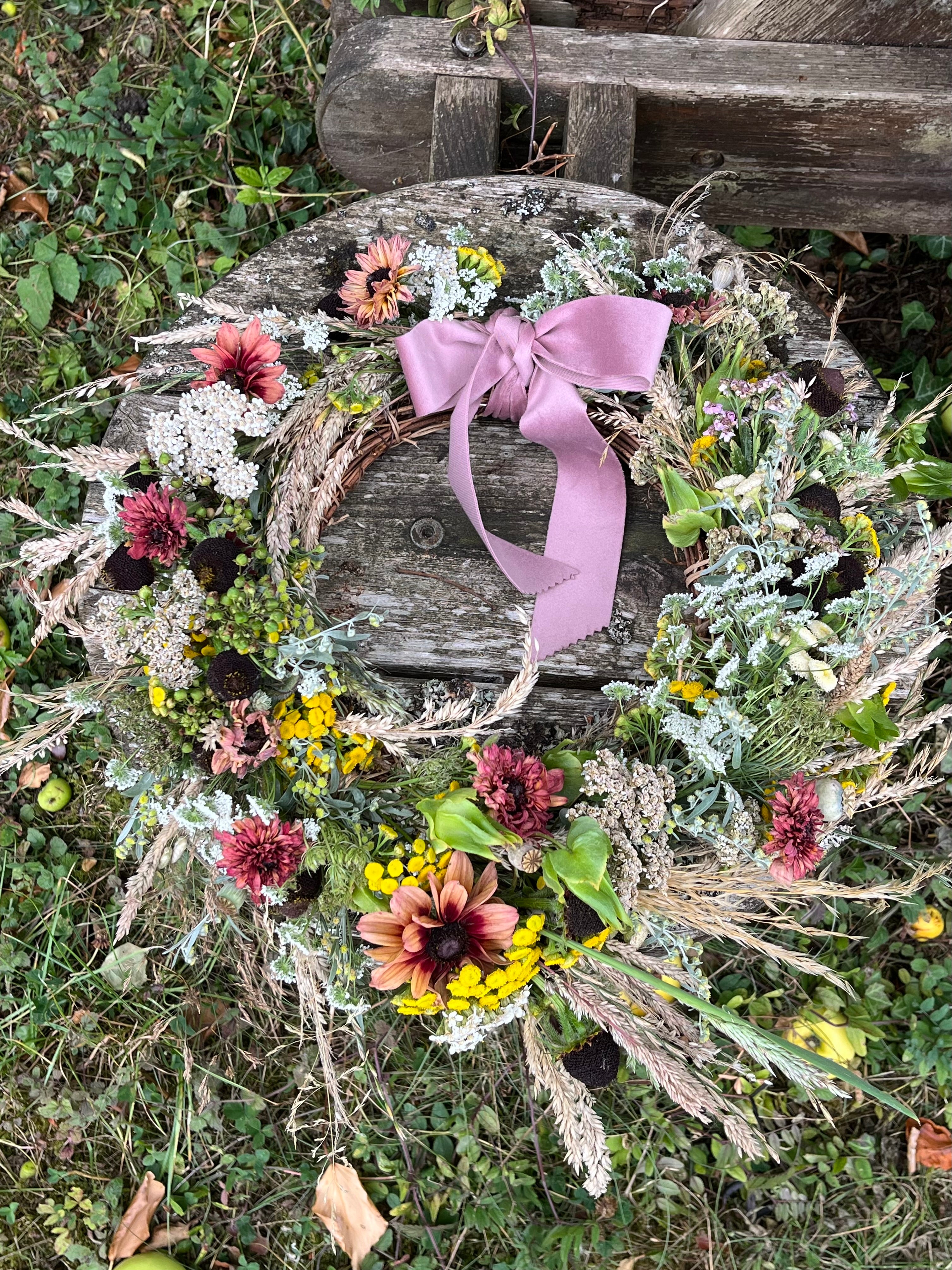 Wreath made using Irish flowers in Gardens of Arduinna, Naas, co. Kildare. 